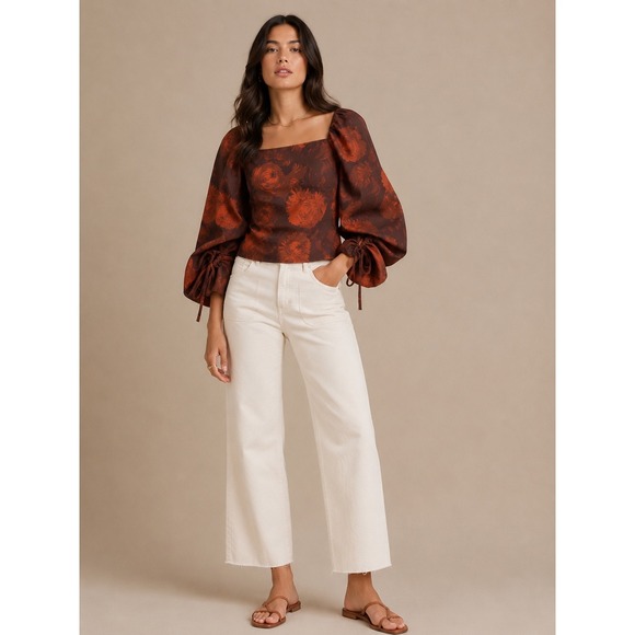 Banana Republic Tops - Banana Republic Floral Puff‎ Sleeve Top Brown Orange Square Neck Small NWT